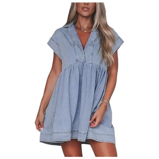 cffvdiz estate delle donne carino v collo denim abito manica corta flowy arricciato al ginocchio lunghezza jean abiti, blu, s
