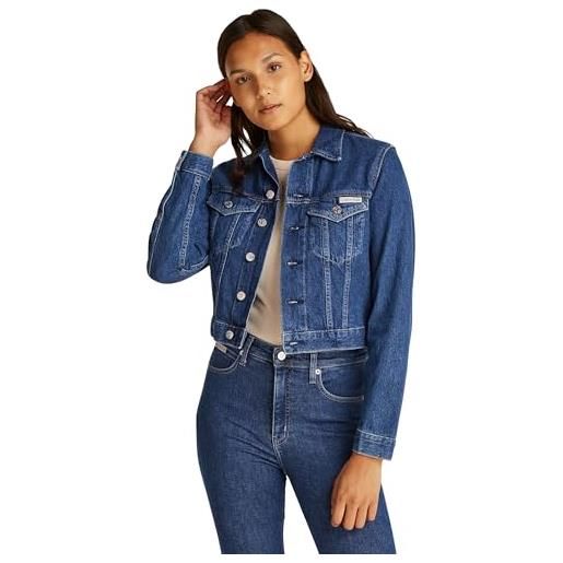 Calvin Klein donna giacca in jeans cropped 90's denim trucker con taschini sul petto, blu (denim medium), s