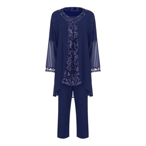 TiaoBug completo donna elegante tailleur in chiffon 3 pezzi set completi di pantaloni da cerimonia sera cocktail elegante abbigliamento per business e matrimoni casual blu scuro xl