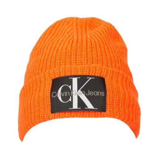 Calvin Klein Jeans cappello cuffia ck berretto con risvolto foderato misto lana con logo articolo zm0zm02442, s04 coral orange, taglia unica