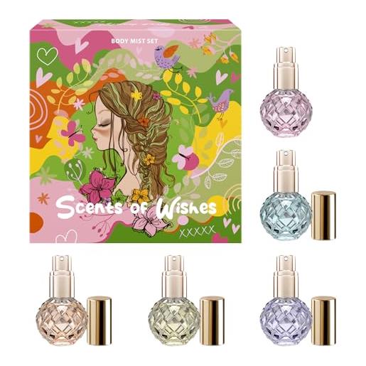 Beauty4Britain set di body mist per ragazze scents of wishes - 5 flaconi in vetro a forma di diamante con finitura dorata;5 profumi esclusivi: bacche, frutti, agrumi, atmosfera tropicale, floreale
