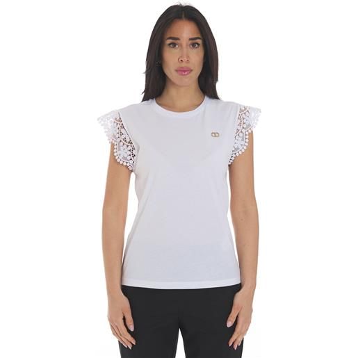 TWINSET t-shirt TWINSET con logo in metallo e dettagli in pizzo, colore bianco