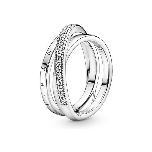 PANDORA signature anello con pavé incrociato a tripla fascia in argento sterling con zirconi cubici trasparenti, 50