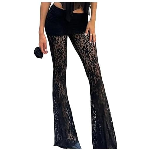 Owegvia donne pizzo vedere attraverso slim fit pantaloni moda club pantaloni nero a vita alta pizzo trasparente floreale flared pantaloni, nero , l