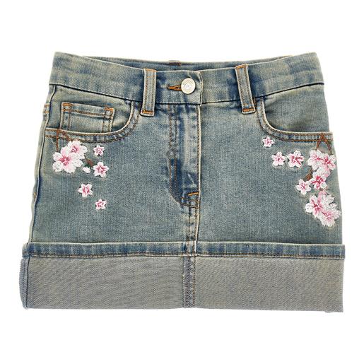 Monnalisa minigonna jeans ricamata fiori pesco