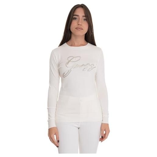 Guess maglioncino girocollo a maniche lunghe con stampa del logo frontale ricamata con brillantini e strass. Bianco