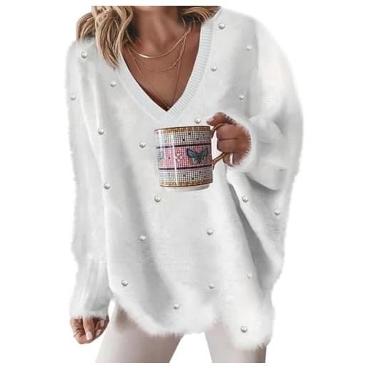 ORANDESIGNE maglione donna invernale caldo felpa elegante maglieria inverno scollo a v maglioncino pizzo maglia manica lunga pullover oversize sweatshirt knitted sweater k bianco m
