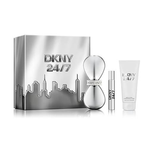 DKNY 24/7 set regalo donna, eau de parfum 100 ml + mini edp 15 ml + lozione corpo 100 ml, profumo floreale legnoso a lunga durata