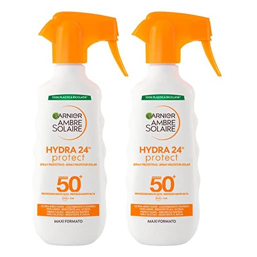 Garnier ambre solaire hydra 24h protect spray solare protettivo per viso e corpo spf 50+ protezione molto alta uva uvb formula waterproof ultra idratante ad assorbimento rapido - 2 flaconi da 270ml