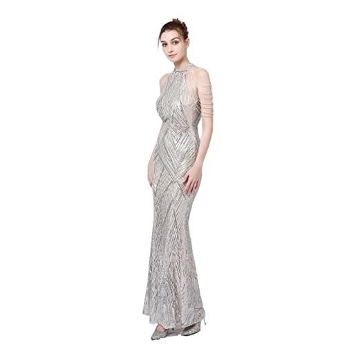 CULTP abito da sera da donna, nappa, spalla, sirena, temperamento, elegante, sexy, lungo, con scollo all'americana, paillettes, abito lungo (color: silver, size: l)