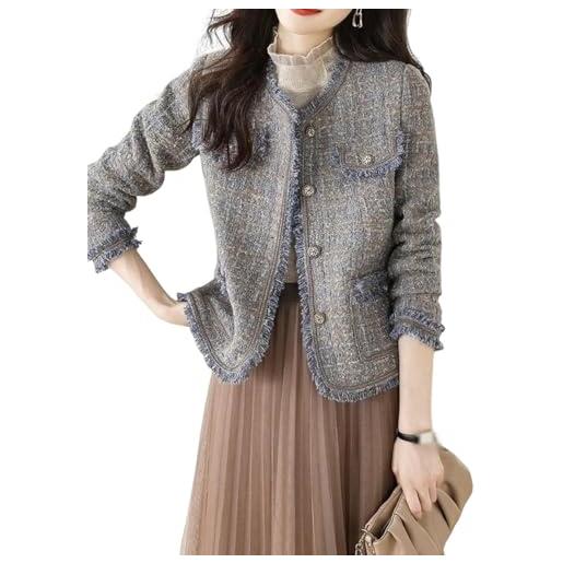 Hecatombic blazer elegante in tweed con pizzo a quadri da donna, elegante giacca corta in tweed da lavoro e ufficio, giacca monopetto a maniche lunghe (blu, xl)