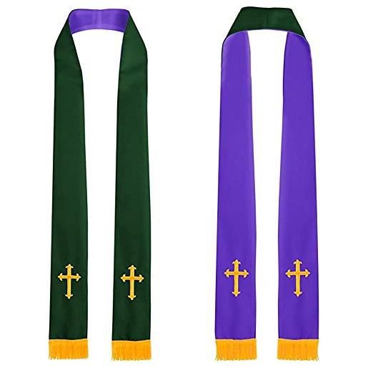 GraduatePro stola clero reversibile croci stola coro pastore ricamo latino con nappe chiesa accessorio unisex 229cm-verde viola