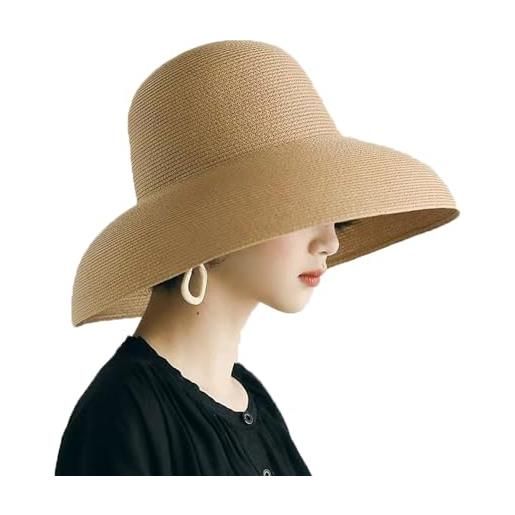 WUODHTW cappello da donna floppy a tesa larga estate spiaggia cappello di paglia upf cappello da sole in paglia cappello da pescatore cappello freddo, cachi, taglia unica