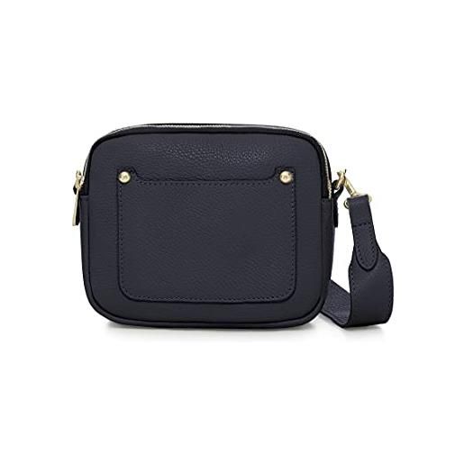 Montte Di Jinne - borsa a tracolla in pelle di vitello italiana da donna borsa a tracolla con doppia zip borsa per fotocamera con cinturino staccabile, marina militare