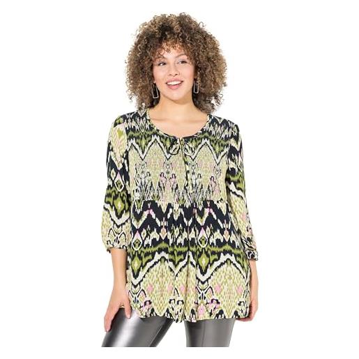 Ulla Popken blusa dal taglio svasato in crêpe con punto smock, scollo a girocollo e maniche a 3/4 nero 58+ 832461100-58+