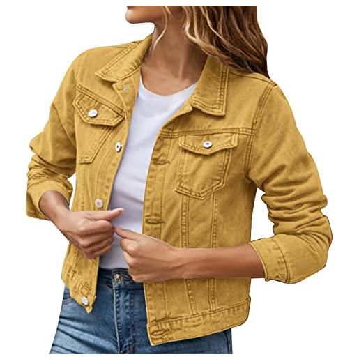 DABAOK cardigan da donna a maniche corte giacca di jeans ricamato colore button down denim cotone giacca con tasche giacca di jeans cappotto gilet di jeans, giallo, xl