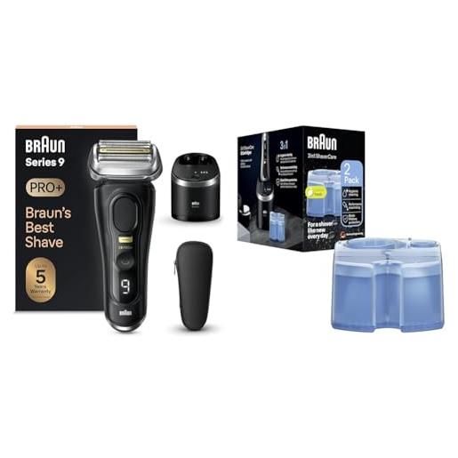 Braun series 9 pro +, rasoio elettrico barba, regolabarba uomo, rifinitore di precisione, impermeabile, nero & Braun shaver. Care 3in1 ricarica per stazione smart. Care, pulisce rasoio elettrico, x 2