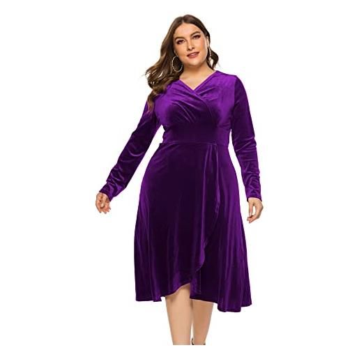 Generic abito da donna taglie forti con scollo a v a maniche lunghe in velluto con volant midi abiti da cocktail per feste, viola, 5xl plus
