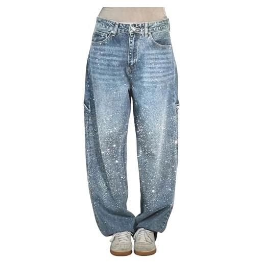 MJGkhiy jeans donna con glitter pantalone denim curvy boyfriend pantaloni gamba dritta vita alta jeans baggy bootcut pantaloni gamba larga brillantini pantalone largo elasticizzati primavera 2025