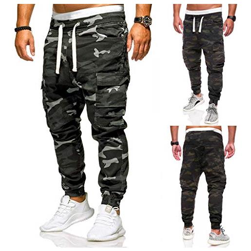 OBiQuzz pantaloni harem da uomo in cotone - pantaloni da jogging con coulisse e elastico in vita mimetica, pantaloni cargo relaxed fit per il tempo libero, pantaloni casual hip hop streetwear, verde militare, 