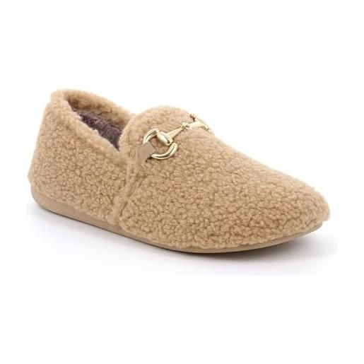 GRÜNLAND il benessere è naturale grunland gles pa1170 beige lana bouclè pantofola da casa tipo mocassino con accessorio oro (37)