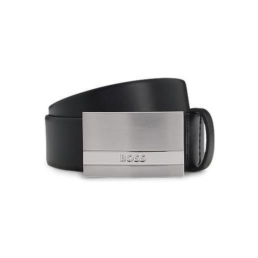 BOSS cintura in pelle italiana con fibbia con placchetta con logo, nero