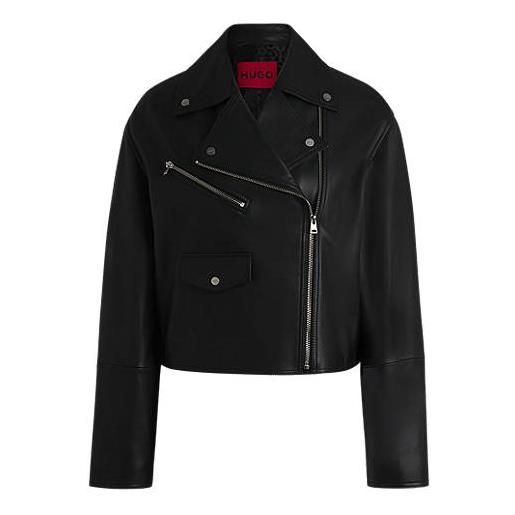 HUGO giubbotto biker in pelle con maniche con zip, nero