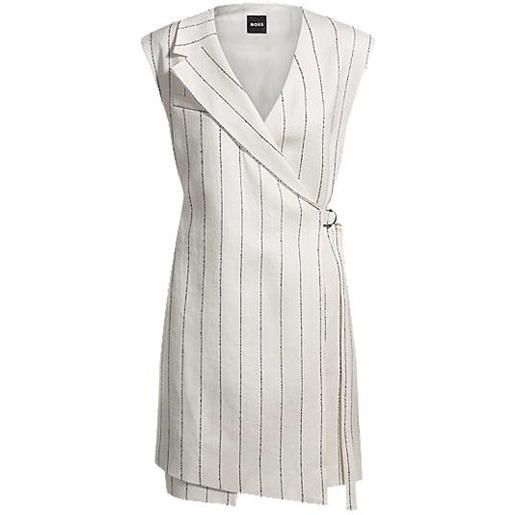 BOSS vestito in misto lino gessato con parte anteriore incrociata, bianco