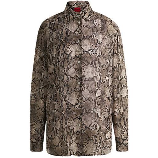 HUGO camicetta oversize in crêpe de chine con stampa effetto pitone, marrone a motivi
