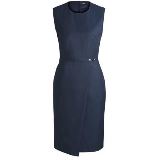 BOSS vestito a tubino in lana vergine con gonna a portafoglio, blu scuro