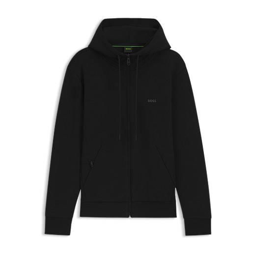 BOSS felpa con cappuccio e zip in cotone elasticizzato con logo stampato, nero