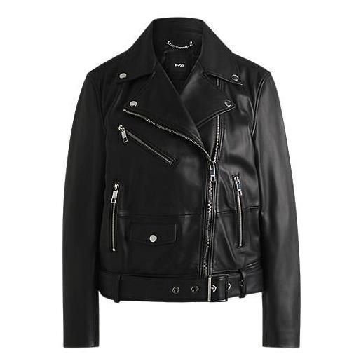 BOSS giubbotto in pelle con cintura e zip asimmetrica, nero