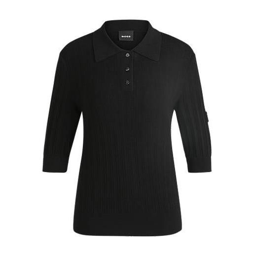 BOSS polo da equitazione in maglia a coste con colletto oversize, nero