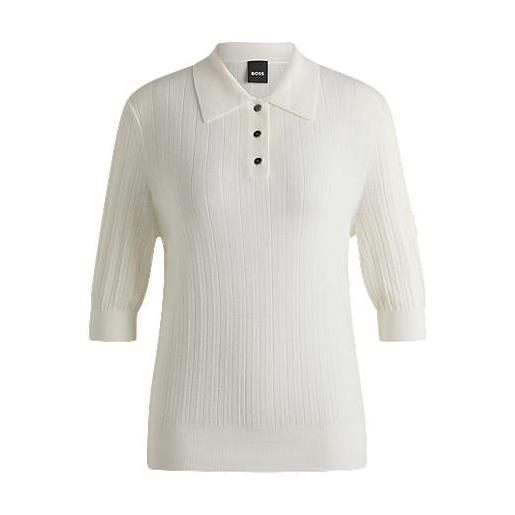 BOSS polo da equitazione in maglia a coste con colletto oversize, bianco