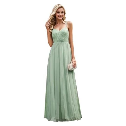 Ever-Pretty abito da cerimonia lungo donna elegante in tulle con pizzo e paillettes vestito formale senza maniche con cinturino a spaghetti rosa 42
