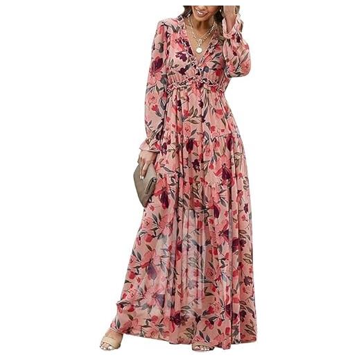 Judy1980 donna bohemian maxi dress chiffon long sleeve v-neck ruffle elegant flowy floral party dress, multicolore, s