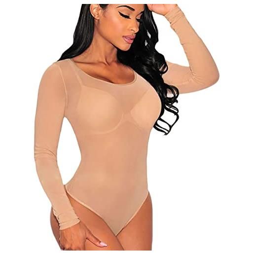 Lrady body da donna a maniche lunghe elasticizzato in rete trasparente, nudo, xl