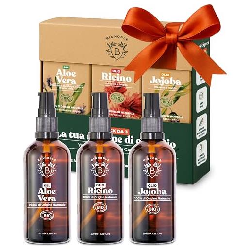Bionoble skincare kit 3x100ml - gel aloe vera puro, olio di ricino & olio di jojoba bio - cura del viso, del corpo e dei capelli - regalo donna compleanno
