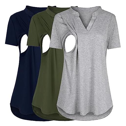TUQIDEWU set di 3 magliette da allattamento per donna in tinta unita, per gravidanza e gravidanza, a maniche corte, per donne in gravidanza, con scollo a v, camicetta premaman, grigio/verde/blu scuro, l