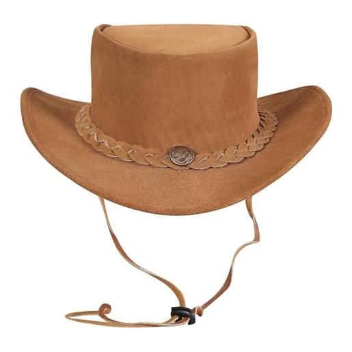 URBAN 5884 cappello da cowboy in vera pelle scamosciata, cappello western uomo/donna in vera pelle bovina, tesa modellabile e sottogola regolabile - tan, m