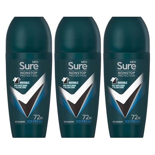 Sure deodorante antitraspirante 72h anti-sudore e antiodore, senza alcool, roll-on con profumo agrumato, speziato e legnoso, deodorante per uomo, 50 ml, confezione da 3 (fresco ghiaccio)