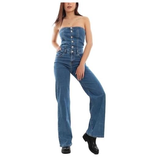 Toocool salopette jeans donna overall jumpsuit bandeau pantaloni denim f7371 [xs, blu]