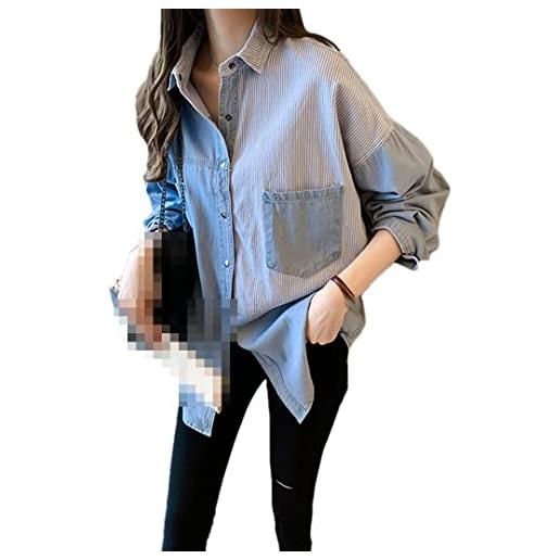 Deepsko camicia di jeans da donna in cotone manica lunga allentata stile coreano casual top, azzurro, l