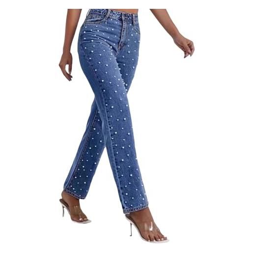 Generisch jeans da donna a vita alta - bootcut jeans con perle, jeans a zampa in stretch, slim fit, pantaloni a zampa, jeans elasticizzati, flard fit, pantaloni in denim lavati, con tasche, blu marino, m