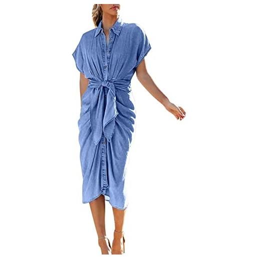 Yowablo abito longuette in denim lavato slim fit con colletto a camicia estivo da donna sacca abito sposa