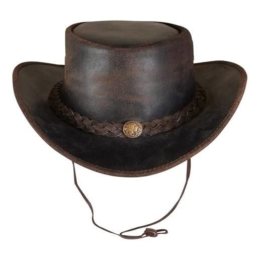 URBAN 5884 cappello da cowboy in vera pelle, cappello western uomo/donna in vera pelle bovina, tesa modellabile e sottogola regolabile - marrone, m