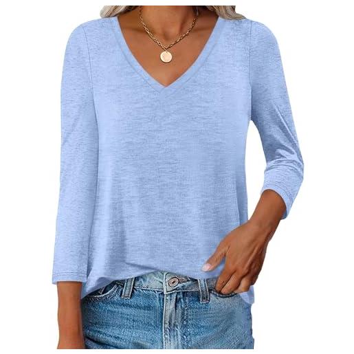 Ovanviso t-shirt da donna con scollo a v con maniche a 3/4 di base con orlo curvo top a tunica casual magliette larghe 2024, blu, m