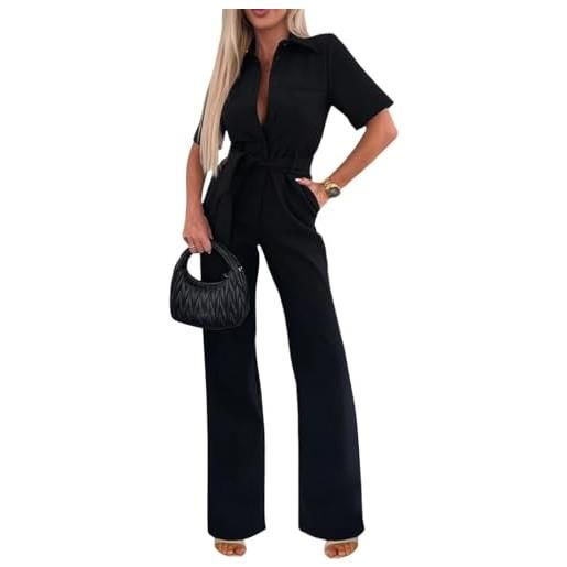 shownicer tuta donna elegante maniche corte playsuit tinta unita monopezzi e tutine casual pantaloni a gamba larga jumpsuit con cintura a cachi l