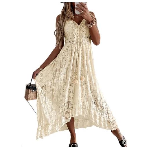 R.Vivimos delle donne scollo a v spaghetti strap midi abito senza maniche nappa boho pizzo floreale estate abito da spiaggia(m, beige)