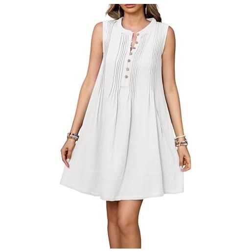 R.Vivimos mini abito estivo da donna crew neck senza maniche impero vita cotone corto swing abito con tasche(s, white)